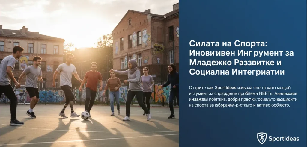 Млади хора играят футбол на улично игрище, със заглавие 'Силата на Спорта: Иновативен Инструмент за Младежко Развитие и Социална Интеграция' и лого SportIdeas.