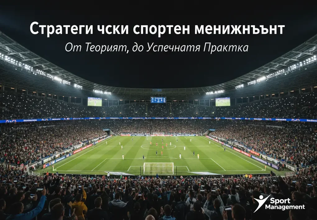 Препълнен футболен стадион по време на мач, със заглавие 'Стратегически спортен мениджмънт: От Теорията, до Успешната Практика' и лого на Sport Management.