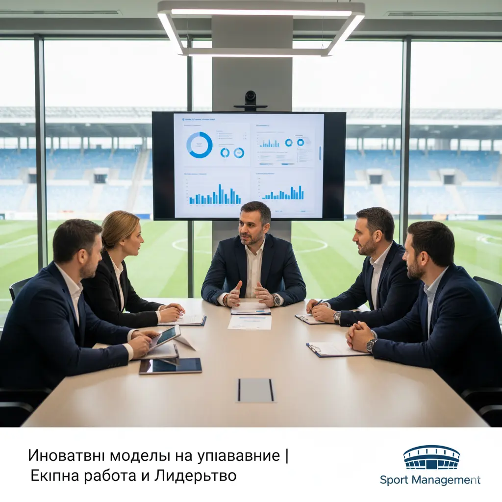Екип от спортни мениджъри провежда среща в конферентна зала с изглед към стадион, обсъждайки 'Иновативни модели на управление | Екипна работа и Лидерство' и с лого Sport Management.